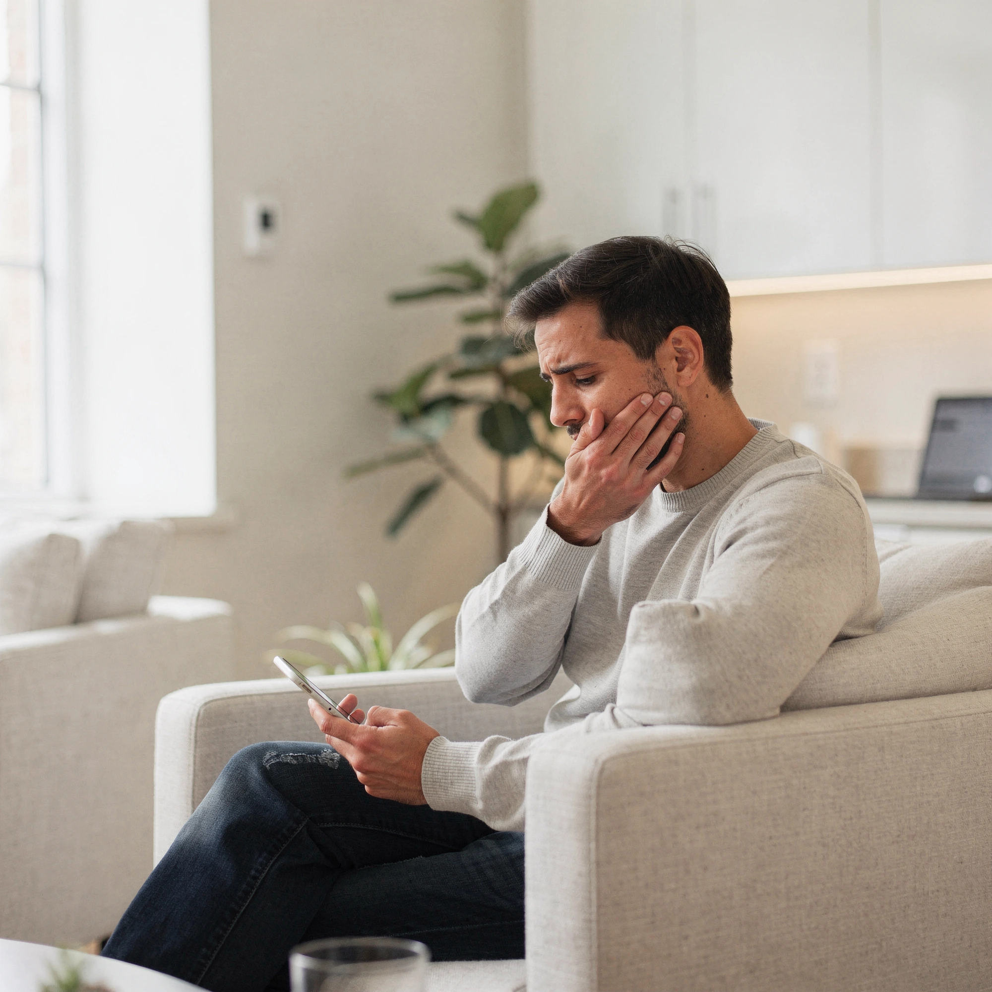 Man on a couch holding his cheek in pain while looking at his phone